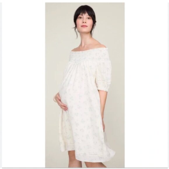 Hatch Leona Dress Womens Small Cream Green Floral Puff Sleeve Smocked Babydoll - Picture 1 of 6